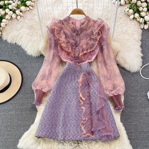 Vintage Kobiety Latarnia Rękaw Slim Zroszony Koronki Patchwork Dress New Fashion Runway Ruffles Różowy Tweed Sukienka Vestidos 2022