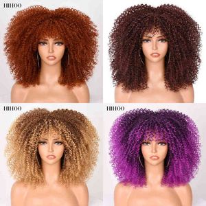 16''short Hair Afro Kinky Curly Wig with Bangs for Black Women Cosplay Lolita Synthetic Natural Glueless Brown Mixed Blonde Wigs 220622