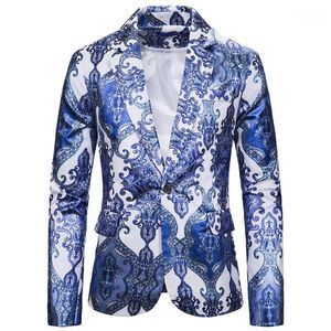 Biały niebieski Paisley Print Men Blazer 2022 Autumn Slim Fit One Button Mens Jacket Party Wedding Groom Prom Homme