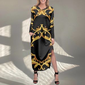 Noisydesigns Robes Women Luxury Golden Baroque Pattern Lady 4XL Girls Long Sleeve Split Skirt Vestidos Manga Larga Mujer 220627