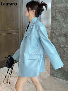 LaUtaro Spring Autumn Blue Oversize Soft Cozel Blazer Jaqueta Mulheres com fenda traseira Luxa de luxo de luxo de luxo Outerwear 2022 L220728