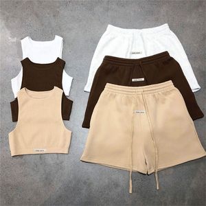 Sporty Solid Letter Two Piece Set Women Ribbed Skinny Tank Tops Lossa Casual Bandage Shorts Matching Female Tracksuit 220527