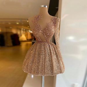 Um ombro champanhe vestidos de baile para mulheres 2022 moda vestido de festa curto lantejoulas vestidos de homecoming frisados ​​abendkleider