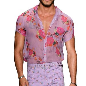 Men's Dress Shirts Men Shirt See-Through Lapel Top Loose Flower Printed Short Sleeve Buttons Breathable CoatMen's