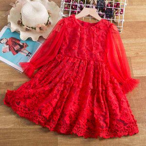 Long Sleeve Dresses For Girls Kids Christmas New Year Wedding Clothing Children 3-8 Y Red Lace Princess Party Tutu Winter Dress G220428