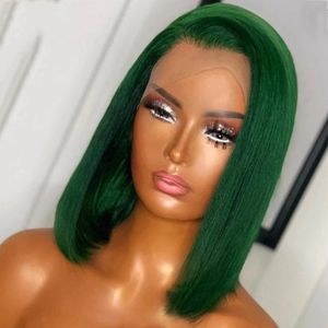 Glueless Dark Green Color Synthetic Hair Lace Front Wig For Women Bob Straight Heat Resistant Fiber Daily Wigs 180%Density White Pink Colored