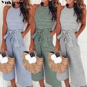 Elegant Sexy Jumpsuits Women Sleeveless Striped Jumpsuit Loose Trousers Wide Leg Pants Rompers Holiday Belted Leotard Overalls 210608