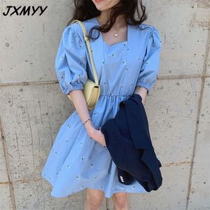 fashion product temperament square neck exquisite embroidery fabric puff sleeve dress women AUYIYI 210412