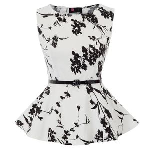 Women's Blouses & Shirts Women's Floral Print Sleeveless Scoop Neck Belt Decorated Peplum Hem Tops Summer Casual Fashion Slim ClothesWom