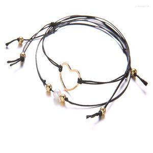 Bransoletka koraliki sznurkowe dla dziewcząt Regulowany ręcznie robiony czarny szary linę łańcuch serca Pearl Charm Multilayer Jewelry Link