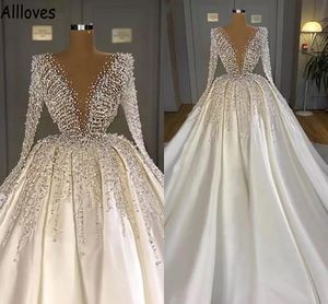 Pearls Beading Stunning Ball Gown Wedding Dresses With Long Sleeves Arabic Dubai Formal Church Brides Dress Satin Long Train Plus Size Women Vestidos De Novia CL0880