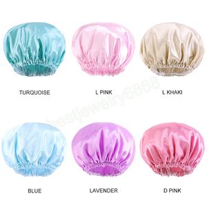 Candy Color Duschhaube 2022 Frühling Damen Satin Gummiband Doppelschicht Badehut Soild Color Friseursalon Motorhaube Badezimmer Produkt Staubdichte Turbankappen