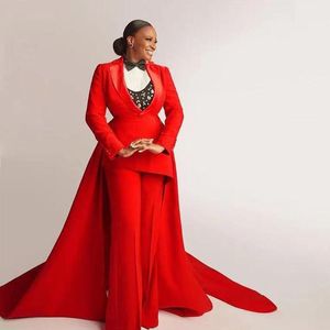 Red Jumpsuit Evening Dresses With Detachable Train V Neck Full Sleeve Satin Outfit 2022 Ankle Length prom Pants Suit Formal Wear