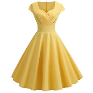 Women Summer Dress Solid Color Retro Vintage 50s 60s Casual Party Office Robe Rockabilly Dresses Vestidos 220530