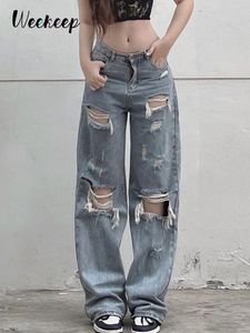 Weekeep Casual Ripped Holes Jeans High Waist Baggy Straight Cargo Pants y2k Aesthetic Streetwear Women 100% Cotton 90s Trousers 220815