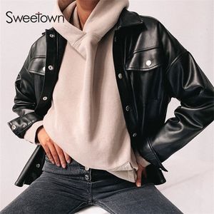 Sweetown Black Faux Leather Blouses Shirt Women Streetwear Covered Button Turn Down Collar Ladies Blouses Manches Bouffantes 210308