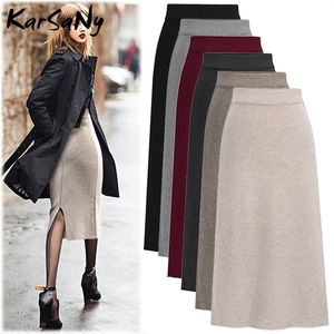 Karsany Autumn Winter Knit Pencil kjol Kvinnor Plus Size High midje kjolar Kvinnor Knitade split midi kjol för kvinnor Autumn 6xl 210306