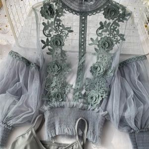 Sonbahar Kadın Mesh Tops Moda Seksi Sheer Dantel Bluz Fener Kollu 3D Çiçek Bluzlar Gömlek Zarif Top Blusas Femininas 220407
