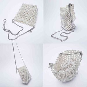 Evening Bags Za New Pearl Beaded White Fairy Portable Messenger with Chain Female Purses and Handbags Cross Body Woman 220513