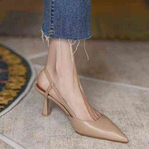 Spring Women's Pumps Belt Buckle Back Strape Med Heel Solid Pekade Toe Ladies Heels Office Luxury Casual Ins Khaki Kvinna Skor G220425