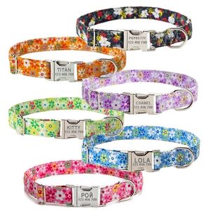 Colorful Flowers Printed Pet Collar Custom Engraved Name Small Medium Large Cat Dog Collars Puppy ID Tag Adjustable Personalized 220621