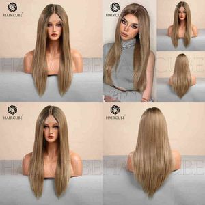 Wigs Women Synthetic Wigs Style New Front Lace Women's Wig Medium Dyed Light Brown Long Straight Hair for Daily Use 220601