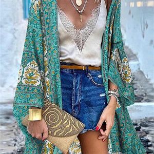 ZANZEA Frauen Strickjacke Sommer Offene Vorderseite Böhmische Blumen Bedruckte Bluse Kimono Lässige Lose Strand Tops Vintage Langarm Blusas 220623