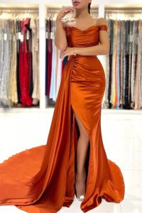 2022 Enkel sexig av axeldelad sida med hög orange promenad klänningar mössa ärm i plus storlek sjöjungfrun aftonklänningar