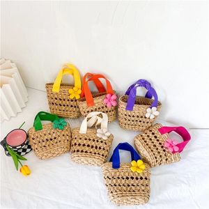 Summer Straw Children's Shoulder Bag Hand Knitted Girls Handbags Cute Flower Princess Beach Small Tote Bags
