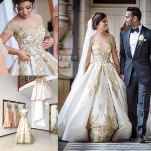 Illusion Overskirts Bröllopsklänningar Applices Pärlade paljetter Brudklänning sveplängd ren nackbröllopsklänningar