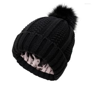 Beanie/Skull Caps 2022 Womens Satin Lined Knit Beanie Hat Acrylic Warm Winter Hats For Women Men Silk Lining Soft Slouchy Fashion Delm22