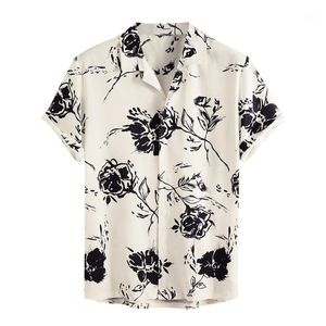 Men's Casual Shirts Mens Loose Rose Print Short Sleeve Turn-down Collar Round Neck 2022 Male Summer Shirt Beach Blouse A4