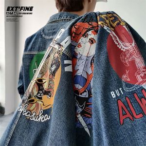 ExtFine Japanische Männer Denim Jacke Mantel Harajuku Fisch Brokat Karpfen Druck Männliche Übergroße Jacke Mantel Drop Schulter Hülse Outfits LJ201013