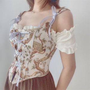 Sexy Designer Vintage Print Halter Tops Women Chic Bandage Floral Corset Shirts Female High Street Party Club Ladies Top 220628