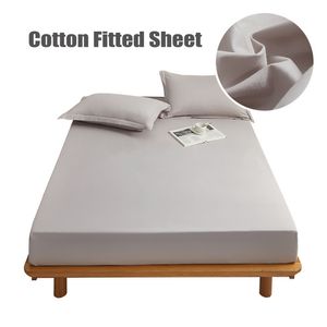 Solid Color Fitted Sheet Cotton Bed Sheets All-Around Elastic Rubber Band Mattress Cover Single Double Queen King Sizes 220514