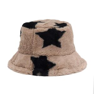 Berets Winter Bucket-Hats Star Printed Fluffy Fur Men Women Panama Hat Fashion Warm Fisherman Cap OutdoorBerets BeretsBerets