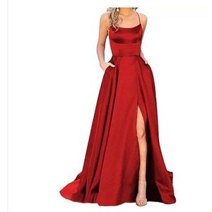 Simple Red Long Bridesmaid Dress Sexy Backless Criss Cross A Line Prom Evening Gowns Side Slit Satin Special Occasion Dresses For Women