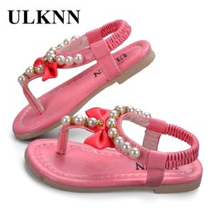 ULKNN Girls Sandals Kids Summer Sweet Gentle Flower Toe Cap Covering Shoes Kids Soft Bottom Non-slip Beaded Children's Sandal PU 220425