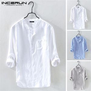 Incerun Erkekler Gömlek Pamuk 3/4 Kollu Stand Yakası Harajuku Üstler Düz Renkli Vintage Marka Gömlek Sokak Giyim Camisa Maskulina 220812