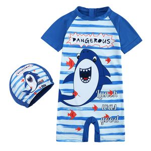 Verão de duas peças infantil meninos de roupas de banho de uma peça de macacão   chapéu de tubarão infantil de dinossauro 2pcs/conjunto de roupas de praia de natação M4144