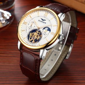 2022 Fashion Guanqin Mens Watches Top Brand Luxury Skeleton Watch Men Sport Leather Tourbillon Automatisk mekanisk armbandsur