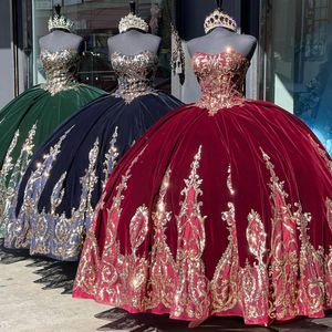 Jägergrünes Quinceanera-Kleid 2023 mit Ärmeln, glitzernden Pailletten, Puffy Sweet 16-Kleider, Vestidos De 15 Anos, Schnürkorsett am Rücken, trägerlos, Charro, mexikanisches Marineblau, Rot