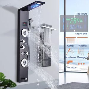 Lüks Siyah/Fırçalı Banyo LED Duş Paneli Kule Sistemi Duvara Monte Mikser Tap Spa Masaj Sıcaklık Ekran