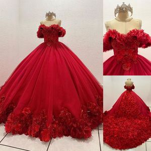 Rotes Ballkleid-Brautkleid mit Applikation, ärmellos, 3D-Blume, herzförmig, schulterfrei, schlicht und stilvoll, Tüll, bodenlang, Prinzessin, Übergröße, nach Maß