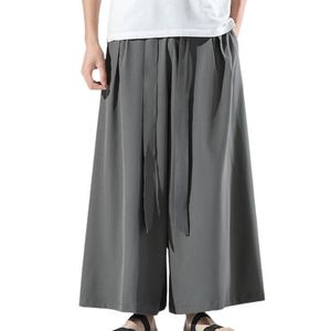 Pantaloni da uomo Nero Uomo Accogliente Hakama di seta di ghiaccio con fondo largo Wushu Kimono Cotone cinese per lo stile orientale Grigio