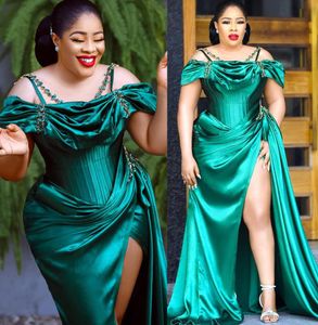 Green Aso Ebi Hunter Satin Evening Dresses 2022 Sexy Off Shoulder Front Split Plus Size Prom Party Gowns