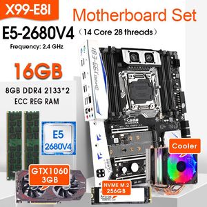 Moderbrädor X99-E8I Motherboard Combos LGA2011-3 E5 2680 V4 Processor 2PCS 8GB 2133 16GB ECC-minne med 256 GB M.2 SSD GTX1060 3GB Coolermo