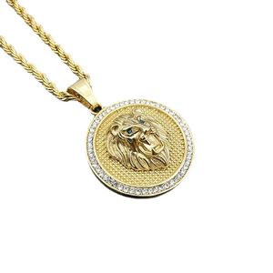 Micro Paved CZ Stone Iced Out Bling Lion Hängsmycke Halsband 316L Rostfritt Stål Män Hip Hop Rock Smycken Med 24