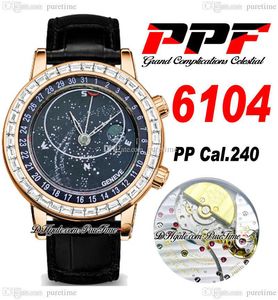 PPF Grand Complations Moon Celestial 6104p A240 Automático Assista Automático Baguette Diamonds Belé céu Sky Black Dial