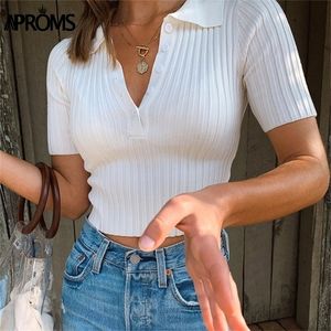 Aproms Vintage Hohe Taille Kurzarm Basic T-shirt 2021 Streetwear Gestrickte T-shirt Weibliche Weiße T-shirt Crop Top für Frauen kleidung 210317